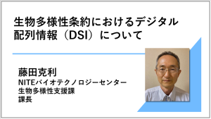 講演動画へのリンク画像 生物多様性条約におけるデジタル配列情報(DSI)について NITEバイオテクノロジーセンター 生物多様性支援課 課長 藤田克利