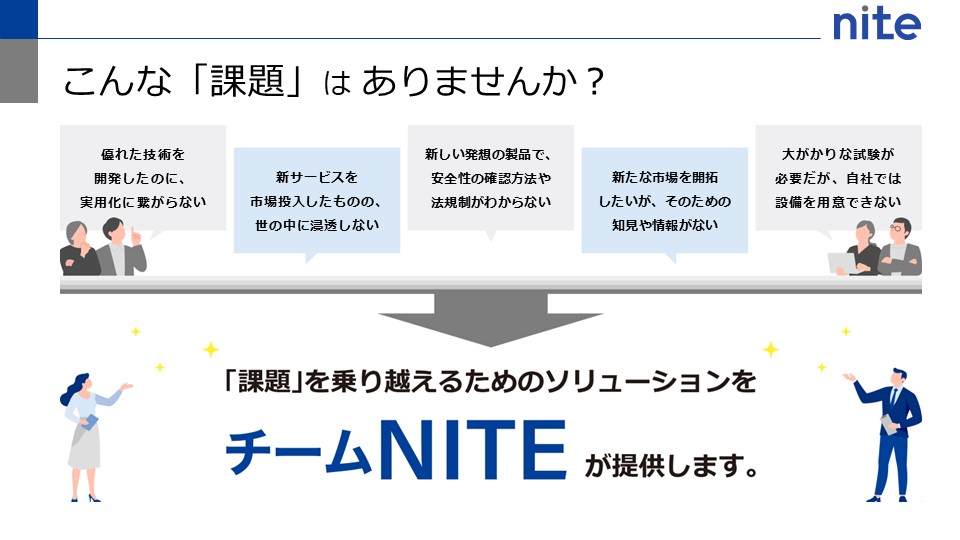 優れた技術を開発したのに実用化に繋がらない、新しい発想の製品で安全性の確認方法や法規制がわからないなどの課題を乗り越えるためのソリューションをチームNITEが提供します。詳しくは「チームNITEについて」や「NITEによるイノベーション支援事例」リンクをご確認ください